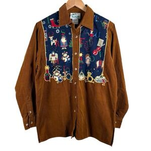 QUACKER FACTORY Appliqué Christmas Corduroy Shirt Size S‎ Brown Button Up Top